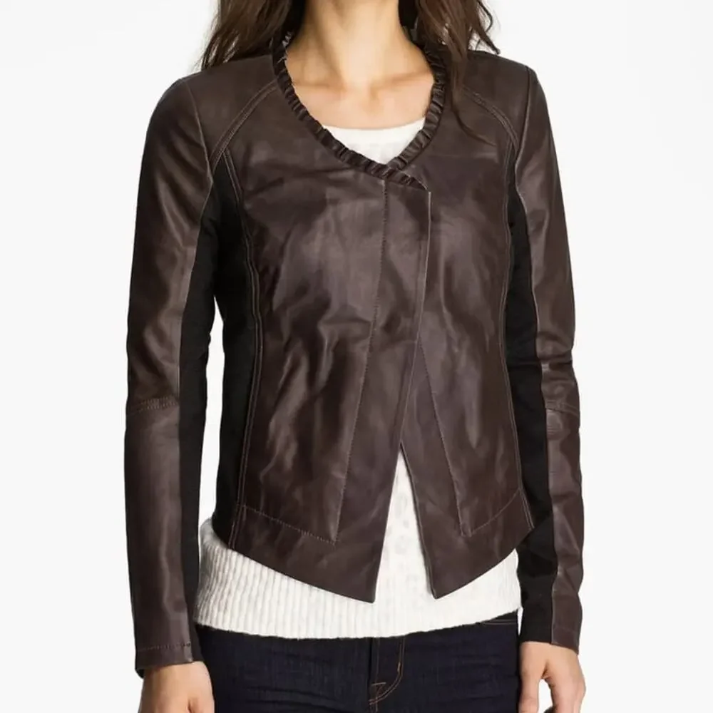 HINGE Ruffle Neck Leather Jacket Small - Picture 1 of 8